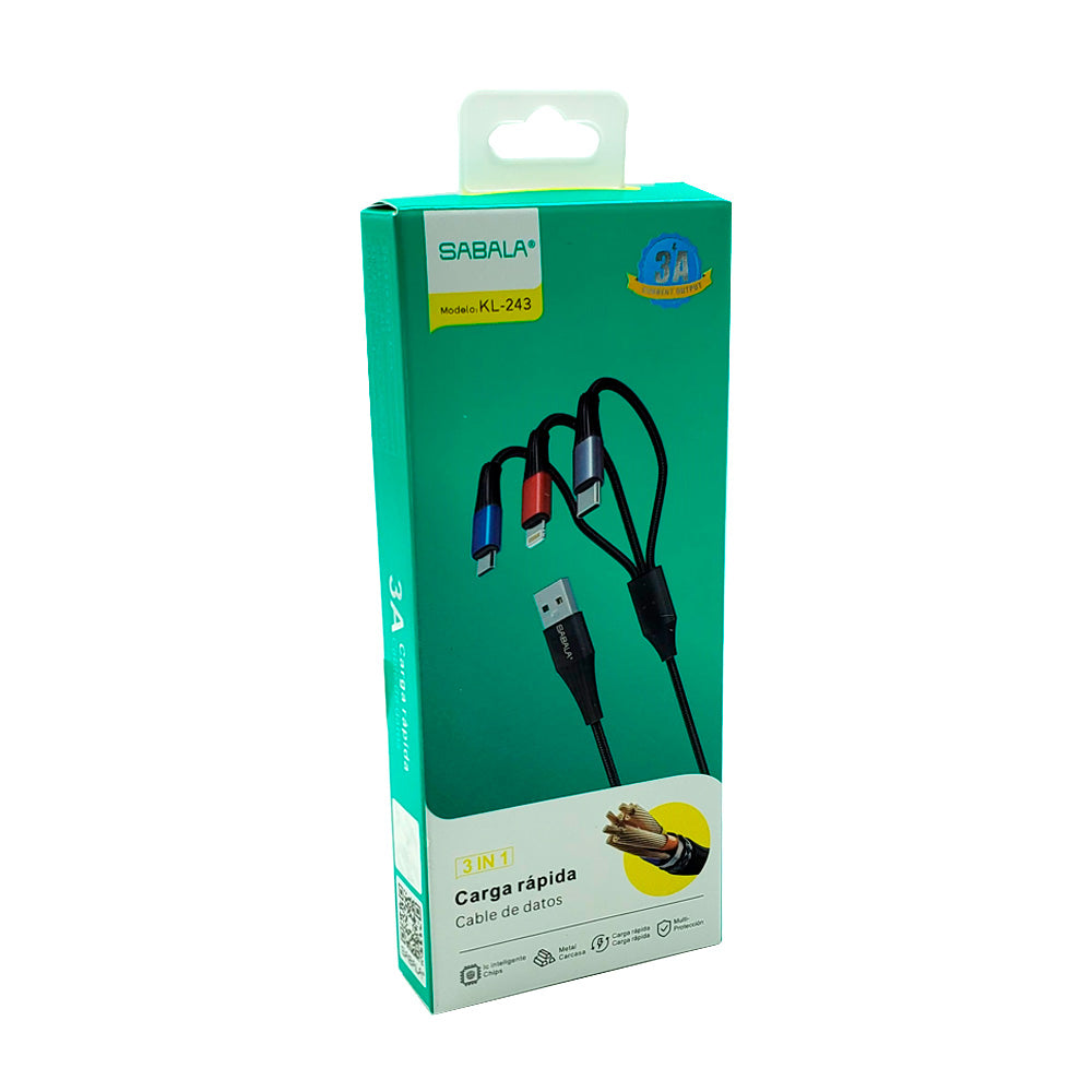 Cable de datos SABALA - tipo c, v8 y lightning, 3 en 1, 3a / kl-243